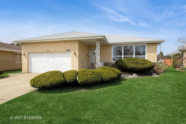 ranch-style home featuring a garage, concrete driveway, brick siding, a front lawn, and roof with shingles