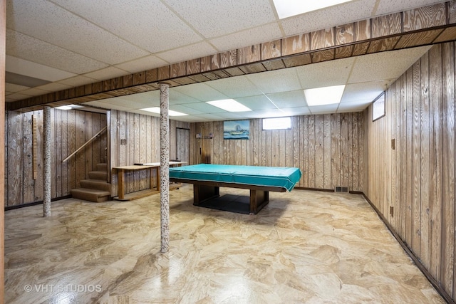playroom with a paneled ceiling, wooden walls, and billiards
