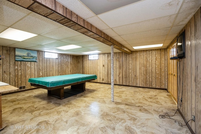 recreation room featuring wooden walls, visible vents, billiards, and a paneled ceiling
