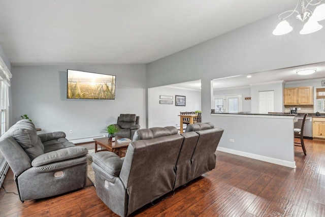 living room featuring a baseboard radiator, dark wood-style flooring, a chandelier, baseboards, and lofted ceiling