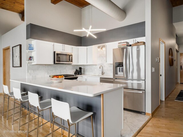 3323 N Paulina St Unit 5F, Chicago, IL 60657 - kitchen featuring stainless steel appliances, a sink, a peninsula, a high ceiling, and backsplash