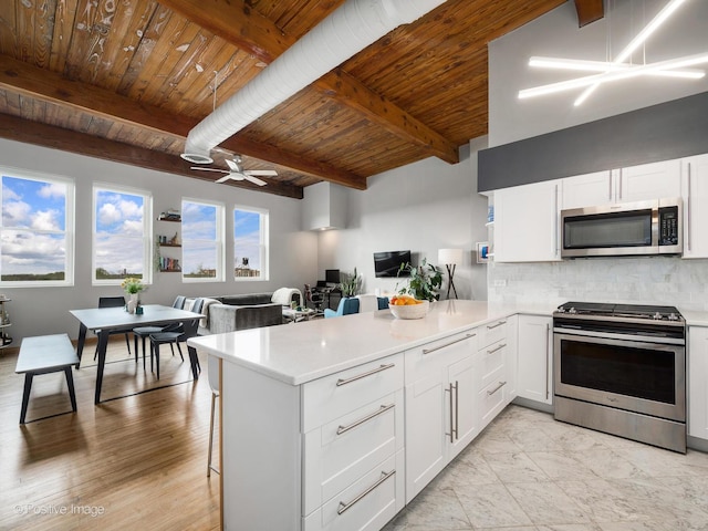 3323 N Paulina St Unit 5F, Chicago, IL 60657 - kitchen featuring stainless steel appliances, wooden ceiling, beam ceiling, a peninsula, and tasteful backsplash