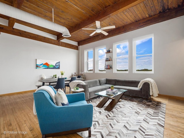3323 N Paulina St Unit 5F, Chicago, IL 60657 - living room featuring beam ceiling, baseboards, wood ceiling, a ceiling fan, and hardwood / wood-style flooring