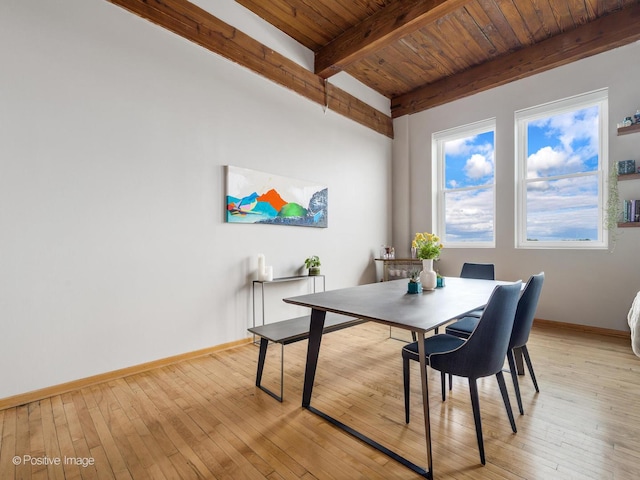3323 N Paulina St Unit 5F, Chicago, IL 60657 - dining space featuring beamed ceiling, wood ceiling, baseboards, and light wood-style floors