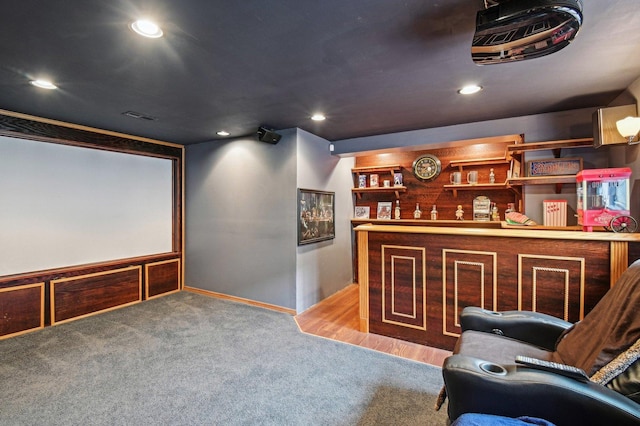 6422 W 65th St, Chicago, IL 60638 - home theater room featuring carpet flooring, recessed lighting, baseboards, visible vents, and a bar