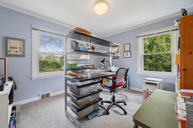 carpeted office space with baseboards, visible vents, ornamental molding, and plenty of natural light
