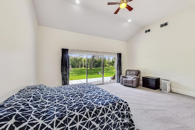 carpeted bedroom featuring a ceiling fan, visible vents, access to outside, and lofted ceiling