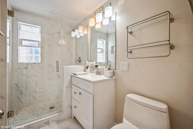 8518 S Avalon Ave, Chicago, IL 60619 - bathroom with toilet, a marble finish shower, vanity, and marble finish floors