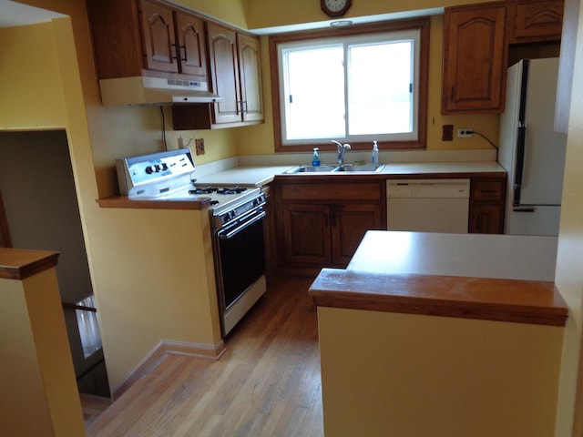 4603 Rose St, Schiller Park, IL 60176 - kitchen featuring a sink, light countertops, white appliances, under cabinet range hood, and light wood finished floors