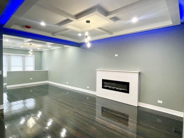 7042 S Eberhart Ave, Chicago, IL 60637 - unfurnished living room with coffered ceiling, wood finished floors, a glass covered fireplace, and beam ceiling