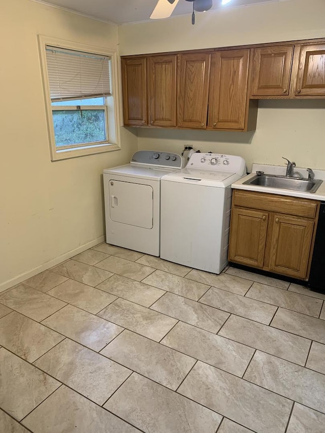 2107 Flicker Ln, Rolling Meadows, IL 60008 - laundry room featuring washing machine and clothes dryer, cabinet space, a ceiling fan, light tile patterned floors, and baseboards