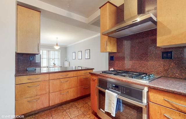 2335 N Commonwealth Ave Unit 2G, Chicago, IL 60614 - kitchen featuring crown molding, dark countertops, backsplash, wall chimney exhaust hood, and appliances with stainless steel finishes