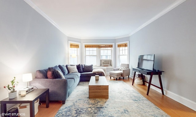 2335 N Commonwealth Ave Unit 2G, Chicago, IL 60614 - living room featuring cooling unit, baseboards, wood finished floors, and crown molding