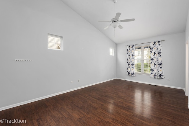 unfurnished room featuring baseboards, a ceiling fan, high vaulted ceiling, and wood finished floors