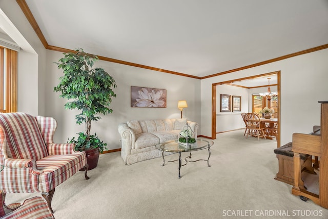 living area featuring baseboards, crown molding, and light carpet