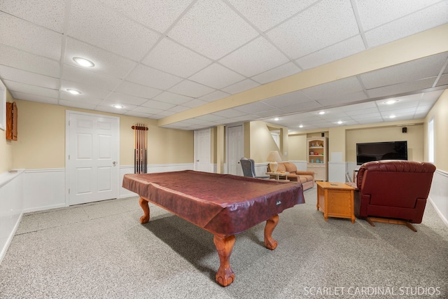 rec room with recessed lighting, billiards, a drop ceiling, and carpet flooring