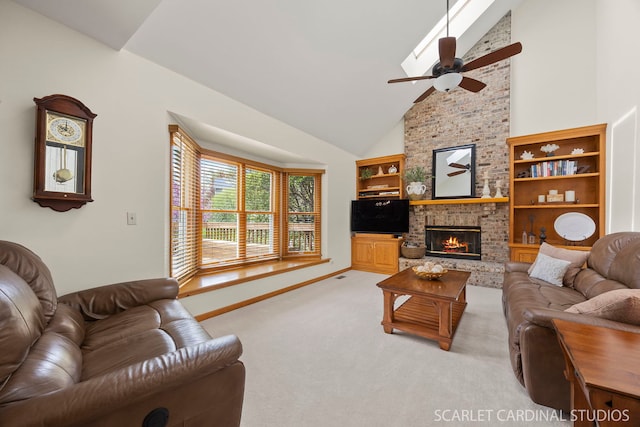 living area with a ceiling fan, a fireplace, baseboards, high vaulted ceiling, and light carpet