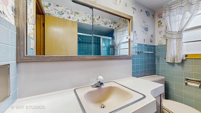 8743 Kedvale Ave, Skokie, IL 60076 - bathroom featuring toilet, tile walls, plenty of natural light, and a shower with shower door