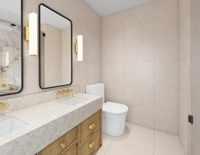 full bath with toilet, double vanity, tile walls, an enclosed shower, and tile patterned flooring