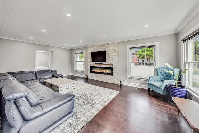 5801 N Drake Ave, Chicago, IL 60659 - living area featuring crown molding, baseboards, dark wood-style floors, and plenty of natural light