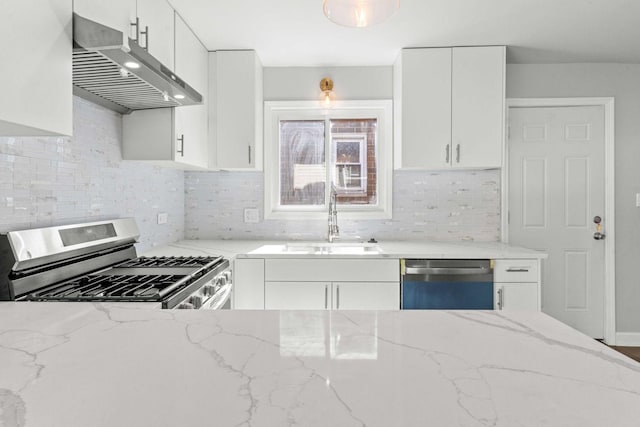kitchen with a sink, decorative backsplash, stainless steel appliances, under cabinet range hood, and white cabinets