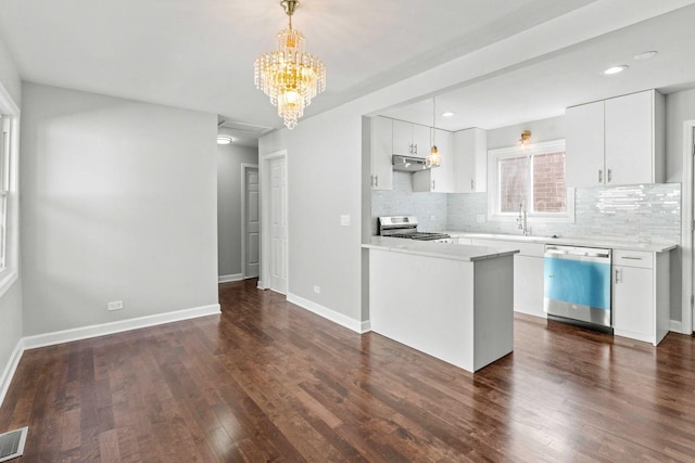 kitchen featuring dark wood finished floors, tasteful backsplash, stainless steel appliances, and under cabinet range hood