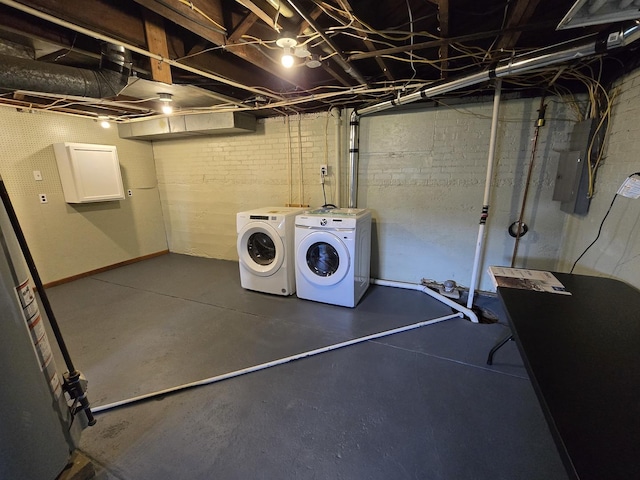 601 Powell St, Streator, IL 61364 - washroom with water heater, washing machine and dryer, laundry area, and electric panel