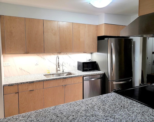 1115 S Plymouth Ct Unit 303, Chicago, IL 60605 - kitchen with extractor fan, appliances with stainless steel finishes, a sink, and light stone countertops