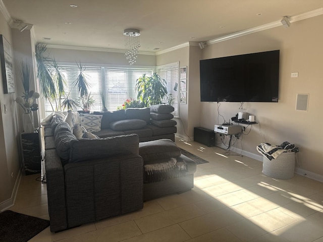 tiled living area featuring baseboards and ornamental molding
