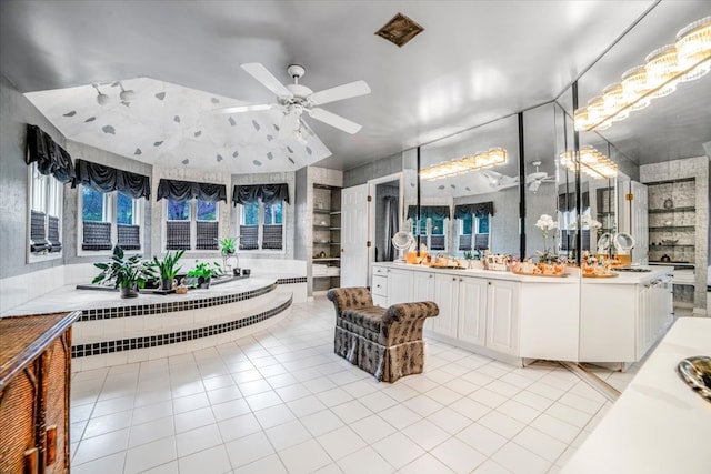 full bath with a bath, ceiling fan, tile patterned flooring, and vanity