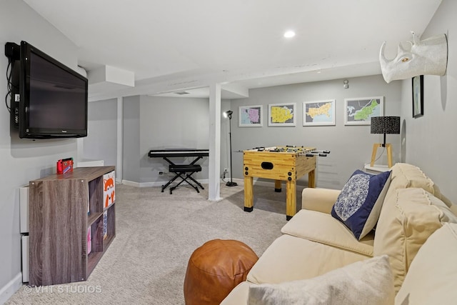 game room with baseboards, carpet flooring, and recessed lighting
