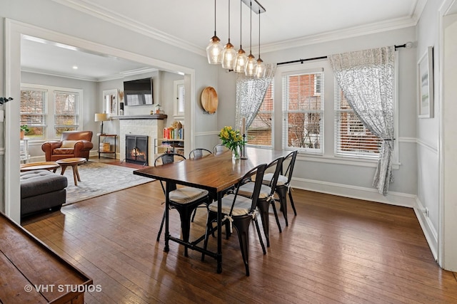 dining room featuring wood-type flooring, a warm lit fireplace, crown molding, and baseboards