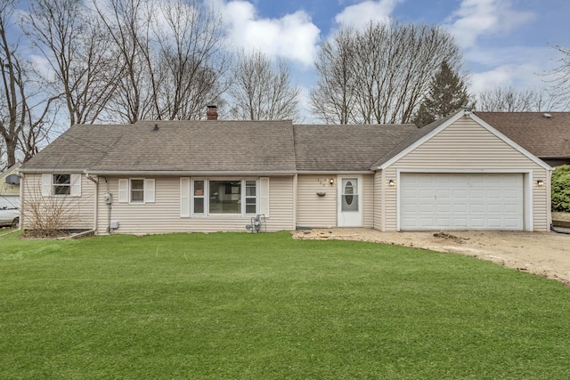 single story home featuring a shingled roof, driveway, a chimney, and a front lawn