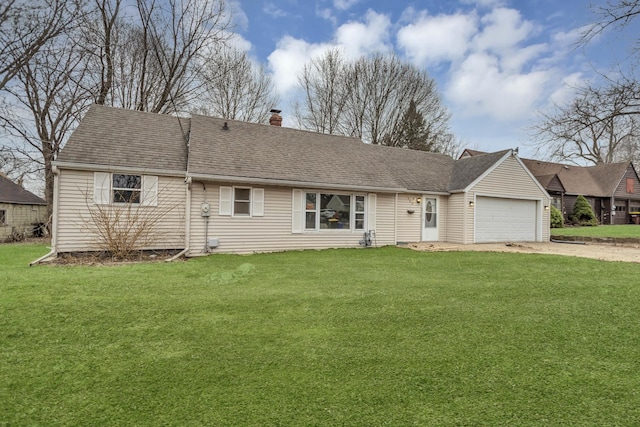 ranch-style house with a front yard, an attached garage, a chimney, a shingled roof, and driveway