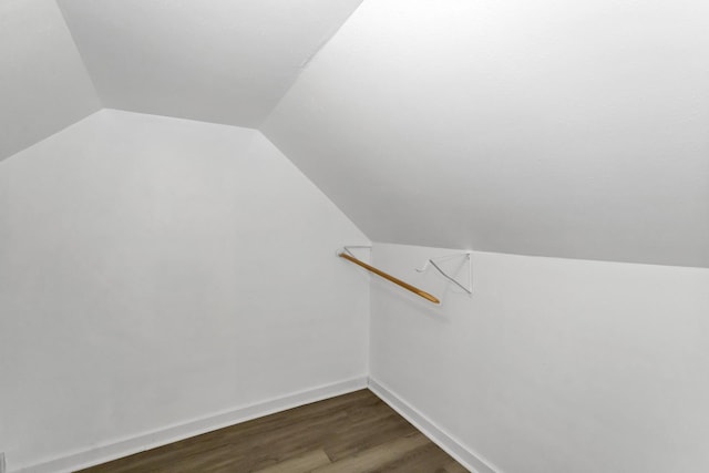 walk in closet featuring dark wood finished floors and lofted ceiling