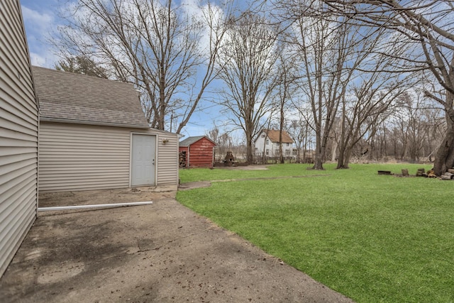 view of yard with a patio, an outbuilding, and a storage unit