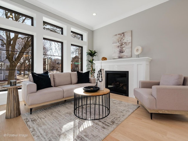 living room with a healthy amount of sunlight, wood finished floors, ornamental molding, and a glass covered fireplace