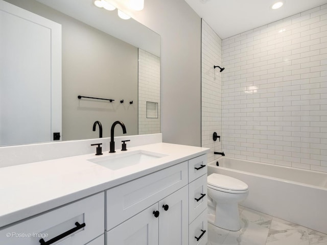 bathroom featuring vanity, recessed lighting,  shower combination, toilet, and marble finish floor