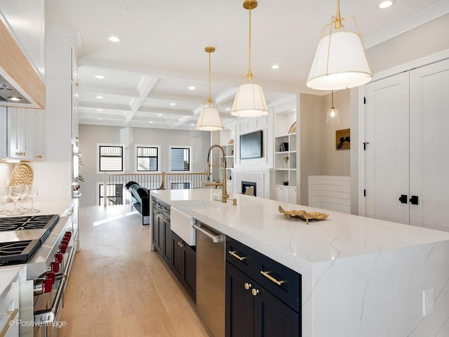kitchen with a sink, open floor plan, a fireplace, light wood finished floors, and stainless steel appliances
