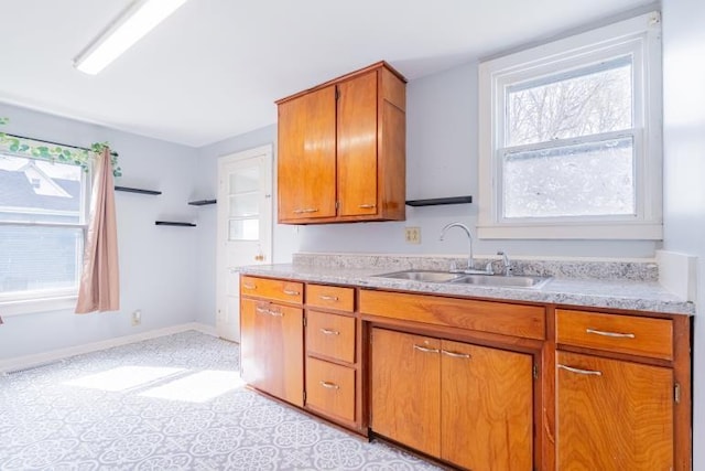 kitchen featuring a sink, baseboards, and brown cabinets