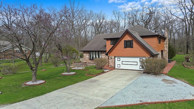 chalet / cabin featuring a garage, stone siding, a front lawn, a shingled roof, and concrete driveway