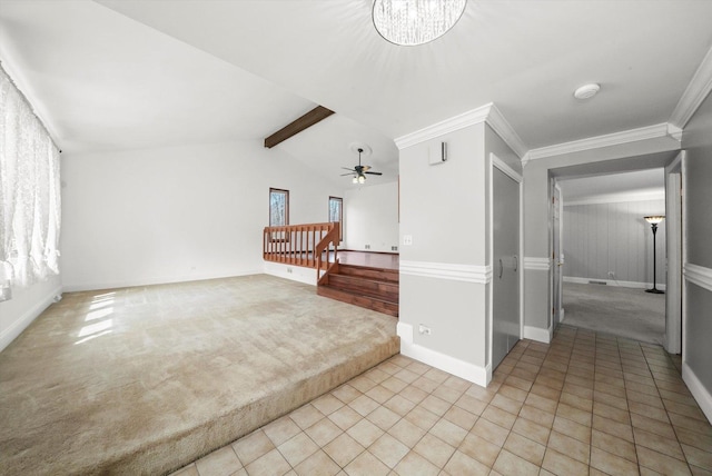 unfurnished living room featuring baseboards, vaulted ceiling with beams, ceiling fan, and light colored carpet