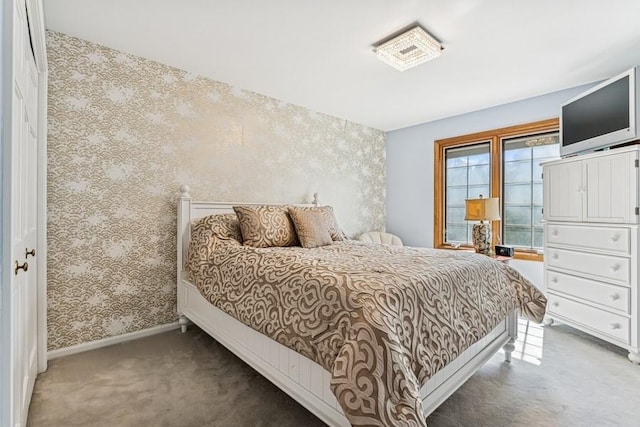 bedroom with baseboards, carpet flooring, and wallpapered walls
