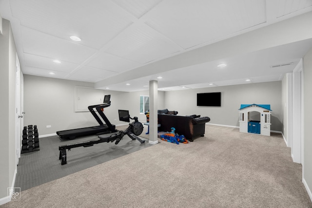 exercise area featuring recessed lighting, baseboards, visible vents, and carpet floors