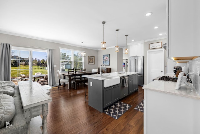 kitchen featuring crown molding, recessed lighting, a sink, stainless steel appliances, and dark wood-style floors