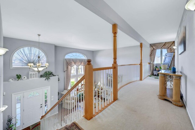 14232 Selva Ln, Orland Park, IL 60462 - corridor with healthy amount of natural light, carpet flooring, and a chandelier