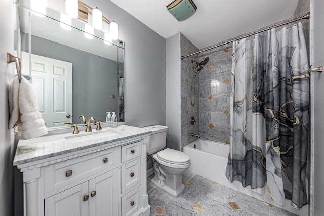 bathroom with shower / bath combo with shower curtain, vanity, and toilet