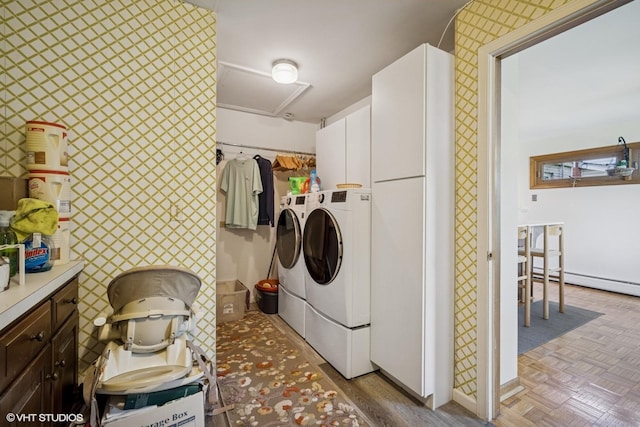 1704 Executive Ln, Glenview, IL 60026 - clothes washing area featuring cabinet space, washing machine and clothes dryer, baseboards, and parquet floors