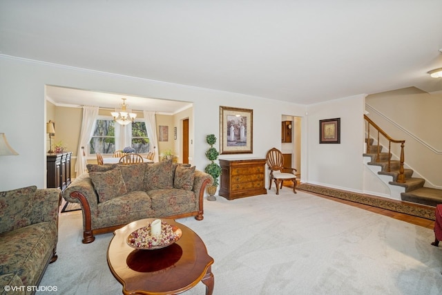 1704 Executive Ln, Glenview, IL 60026 - carpeted living room with a chandelier, stairway, and ornamental molding