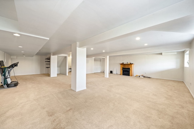 2543 Oneida Ln, Naperville, IL 60563 - basement featuring light carpet, recessed lighting, a fireplace, and baseboards